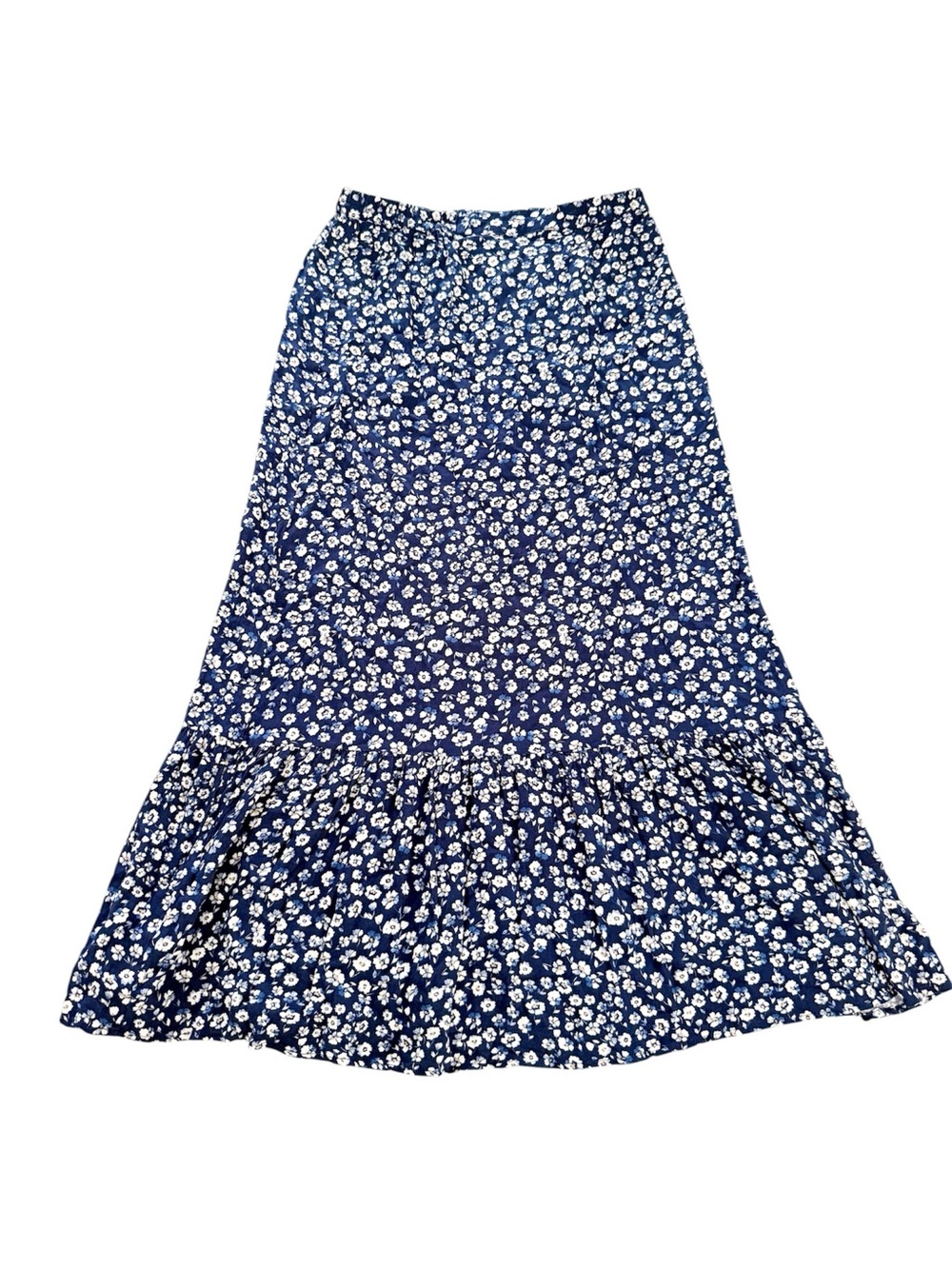 Blue Floral Ruffle Hem Midi Skirt